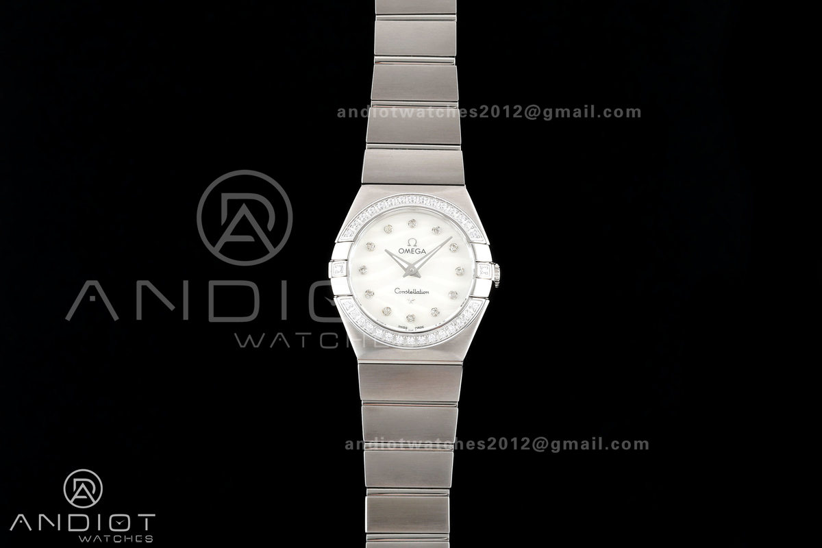 Constellation 28mm SS 8848F 1:1 Best Edition White MOP Textured Dial Diamonds Bezel on SS Bracelet ETA Quartz